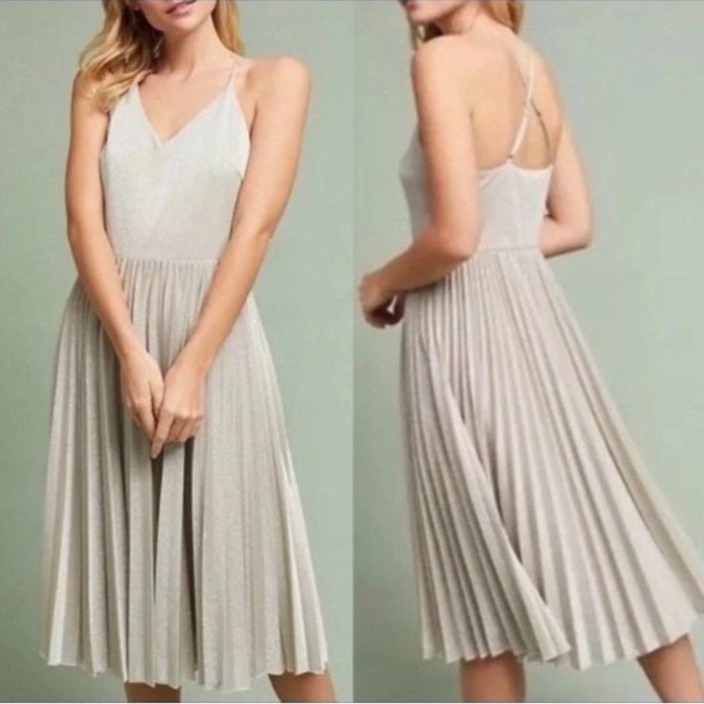 NEW Elevenses Anthropologie Lunar Midi‎ Dress Silver Metallic Pleated Size 10